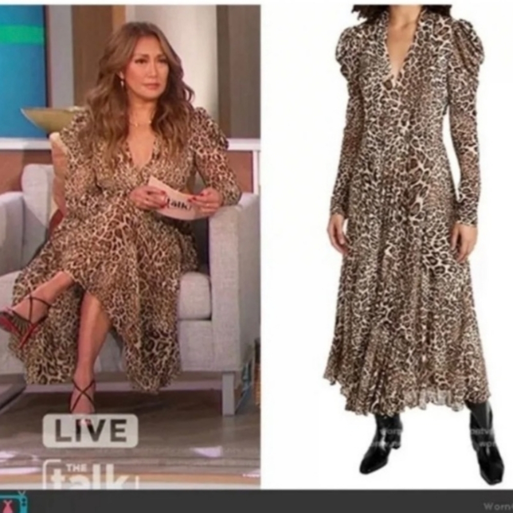 New Ronny Kobo Bernadette Leopard Print Long Sleeve V-Neck Maxi Dress Medium